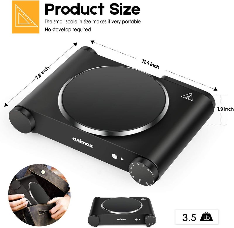 CUSIMAX Portable Electric Stove, 1200W Infrared Single Burner Heat-up In Seconds, 7 Inch Ceramic Glass Single Hot Plate Cooktop for Dorm Office Home Camp, Compatible w/All Cookware - Upgraded Version - Image 3